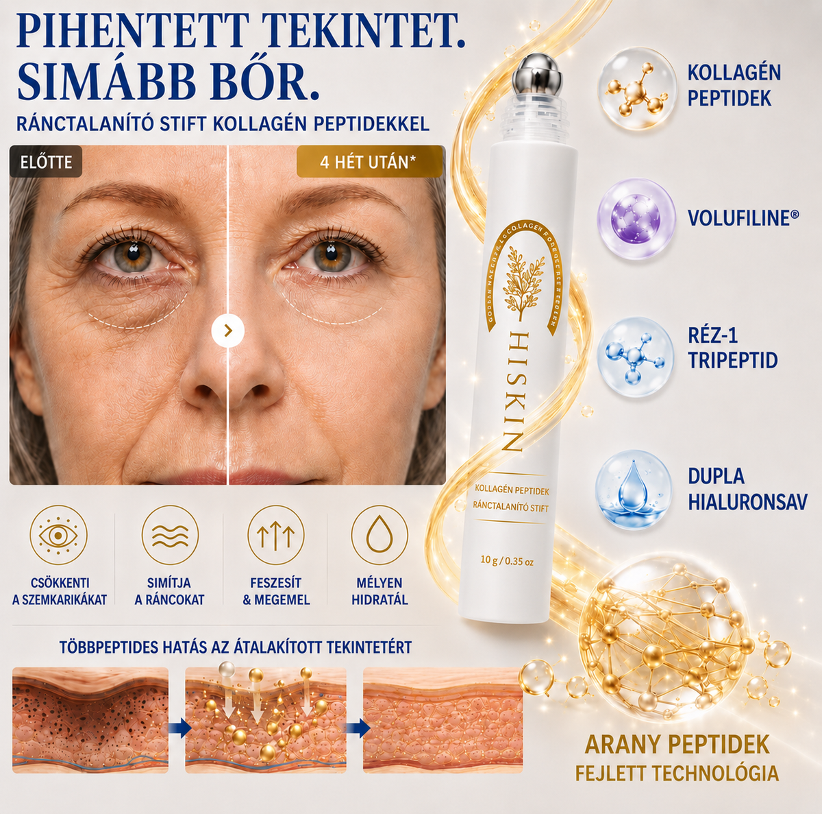 HISKIN® Golden Silk Protein Peptide Beauty Pen — Célzott szépségápolás a ráncok, szemkörnyék és ajkak ápolására | Látható eredmény már 3 nap alatt ✨